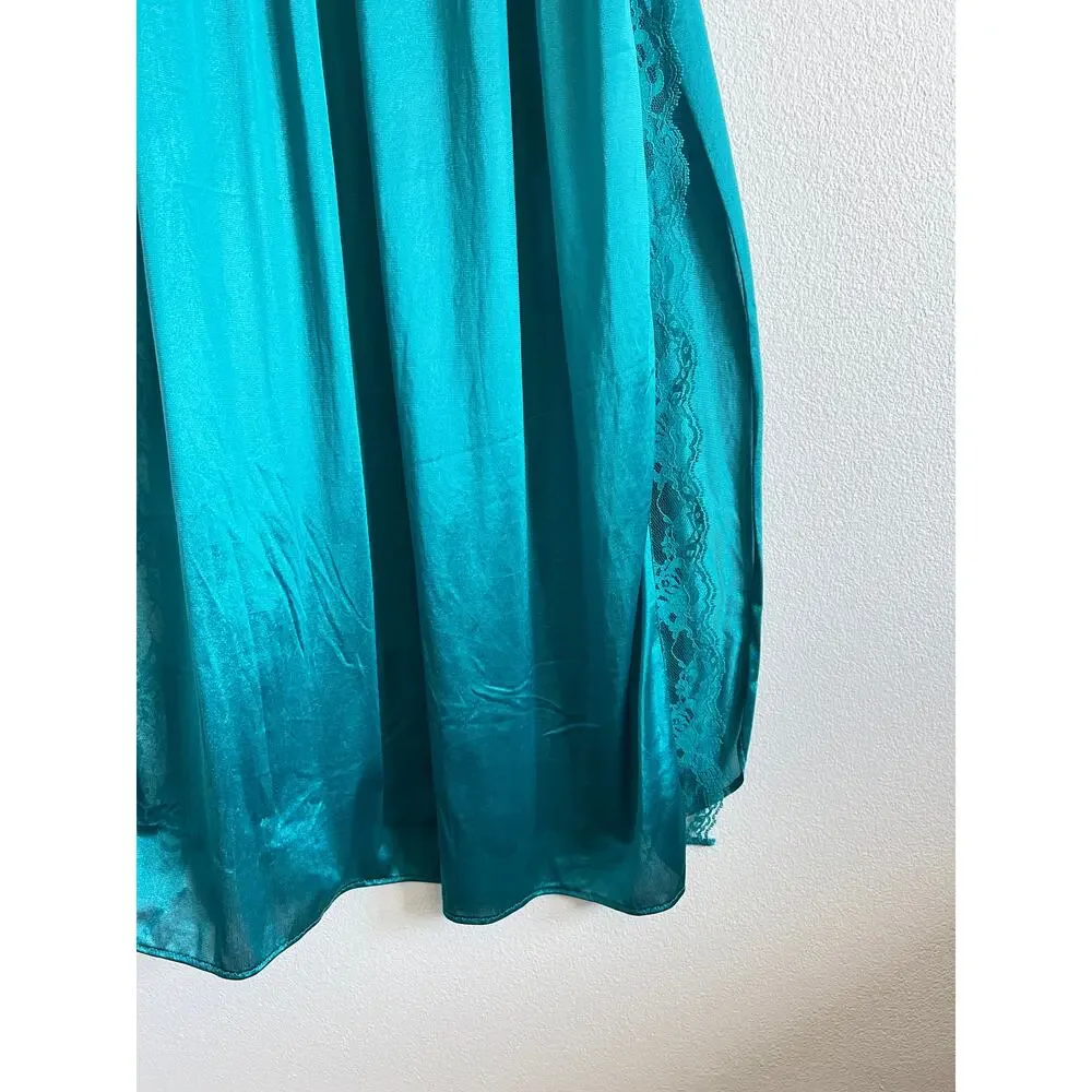 Teal Satin Lace-Trim Slip Nightgown L Vintage Glamour Whimsigoth Fairycore Siren